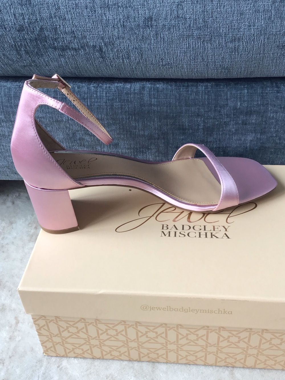 Jewel Badgley Mischka Reese Pastel Pink Satin Block Heel Sandal with Ankle Strap - Picture 1 of 5